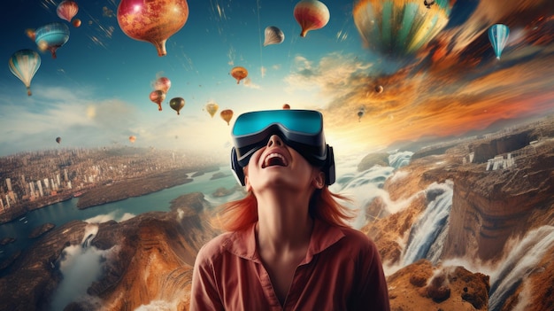 Photo excited woman in virtual reality headset is watching at amazing colorful world