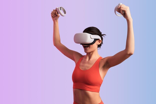 Excited woman in vr headset rejoicing over victory