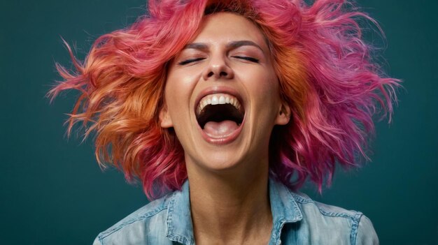 An excited woman with pink hair