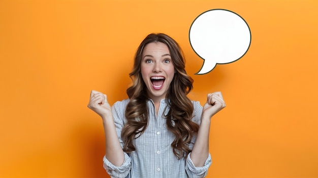 Excited woman with speech balloon