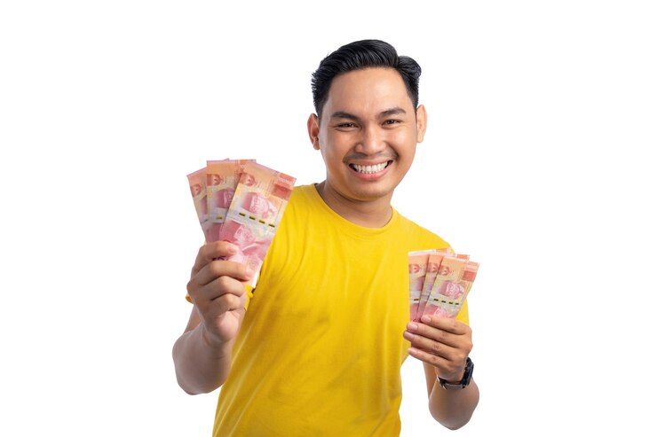 白い背景に孤立した幸せな表情の現金紙幣をたくさん持っている興奮した若いアジア人男性