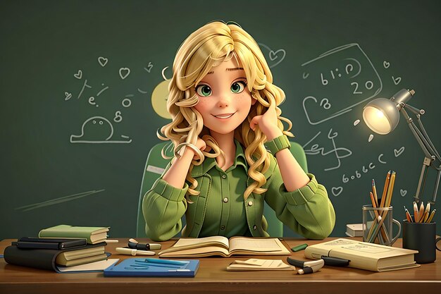 Excited young blonde student girl sitting at desk with school tools looking at camera keeping hand on face holding alarm clock isolated on olive green wall