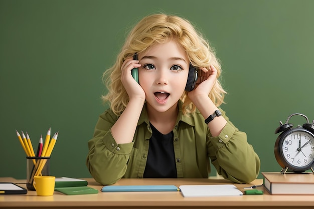 학교 도구와 함께 책상에 앉아 있는 흥분 된 젊은 금발 학생 소녀 카메라를보고 얼굴에 손을  ⁇ 고 올리브 녹색 벽에 고립 된 알람 시계를 들고 있습니다.