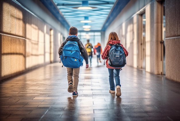 Excited young children racing through school corridors with their backpacks AI generated