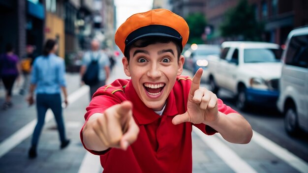 Excited young delivery man wearing cap and uniform looking and pointing at camera doing call gestur