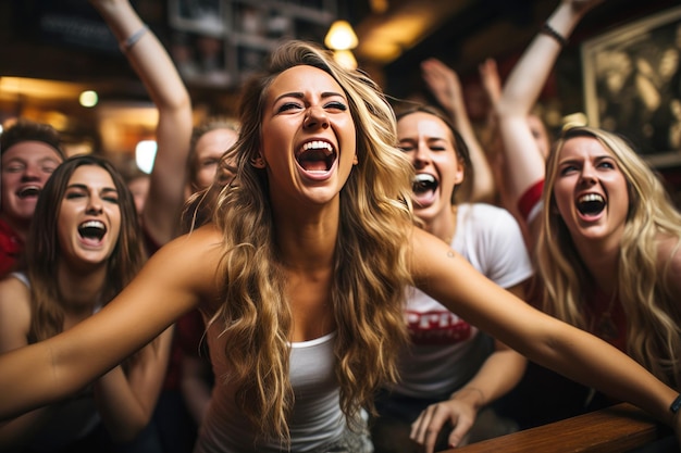 Photo excited young female football supporters shouting in the pub