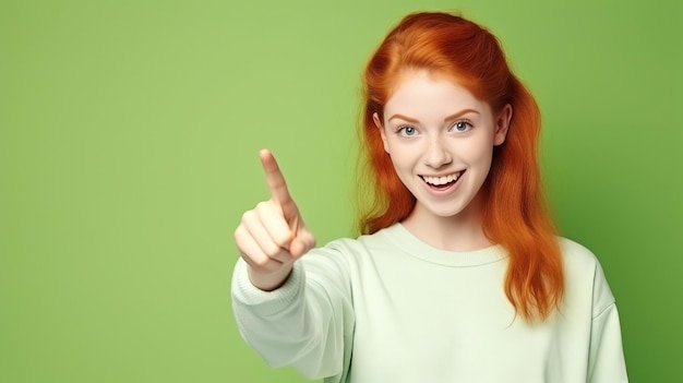 Excited young ginger teenager girl is smiling and pointing by finger Beautiful illustration picture