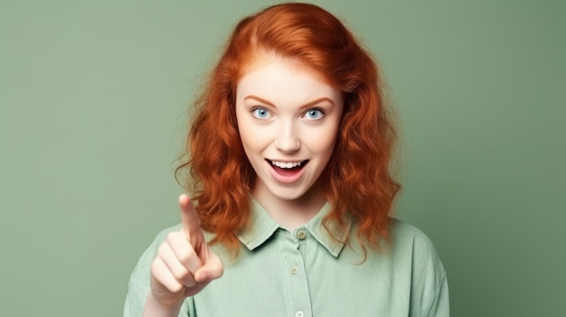 Возбужденная юная рыжая девочка-подросток улыбается и показывает пальцем Красивая иллюстрация
