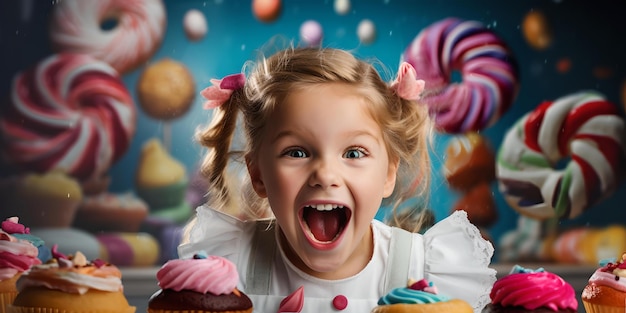 Excited young girl in candy wonderland sweet desserts floating joyful child colorful treats AI