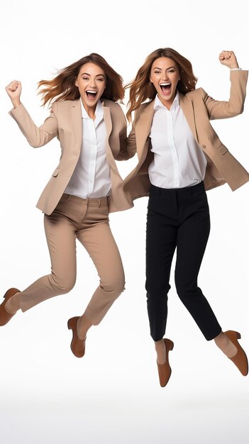 Excited young girl celebrating success and jumping high yellow white background