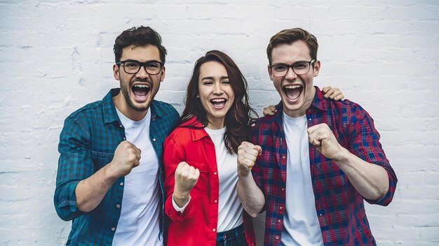 Excited young male friends standing against white wall clenching their fist