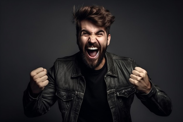 Excited young man celebrating success on dark background