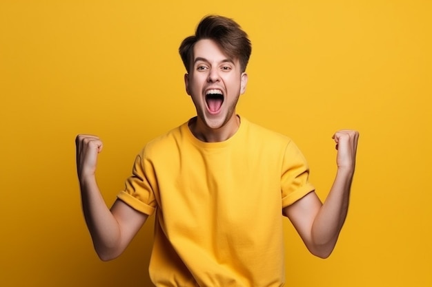 Excited young man celebrating success on yellow background