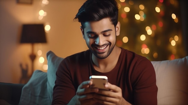 excited young man holding mobile phone reading Generative Ai