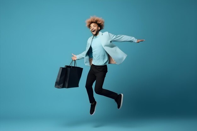 Excited young man jumping with shopping bags on blue background in studio with copyspace