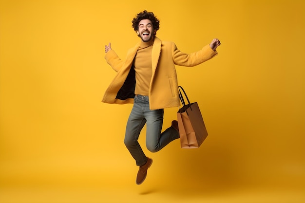 Excited young man jumping with shopping bags on yellow background in studio with copyspace