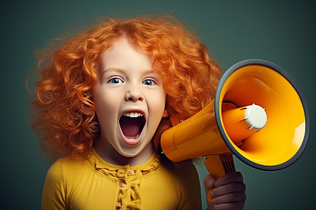 Photo excited young redhead girl using megaphone to make an important announcement and share news