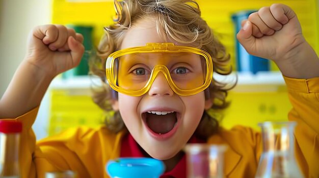 Photo excited young scientist celebrates his latest discovery in the lab