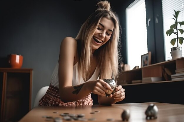 Photo excited young woman collecting coins from a piggybank at home created with generative ai