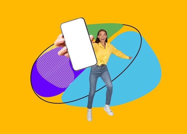 Excited young woman jumping with big blank smartphone in hand collage