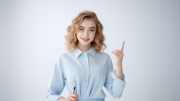 Excited young woman standing alone on white background pointing to empty space