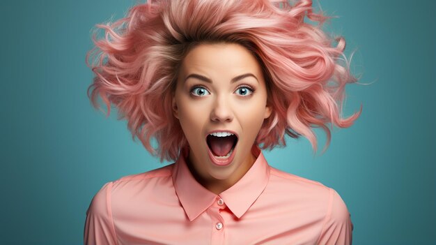 возбужденная молодая женщина с светлыми волосами и макияжем в розовом платье и синей рубашке