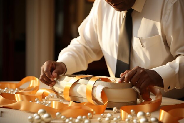 Excitedly Unwrapping Gift Model Unwinds Ribbon and Inspects Contents with Interest