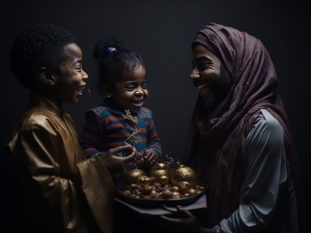 イスラムの新年に贈り物やお菓子を受け取る子供たちの興奮と喜び