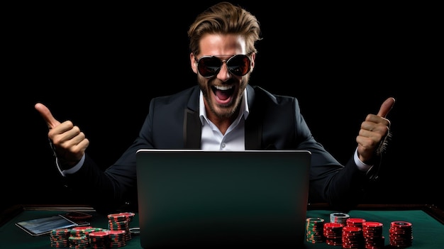 excitement of a man playing casino games on his laptop