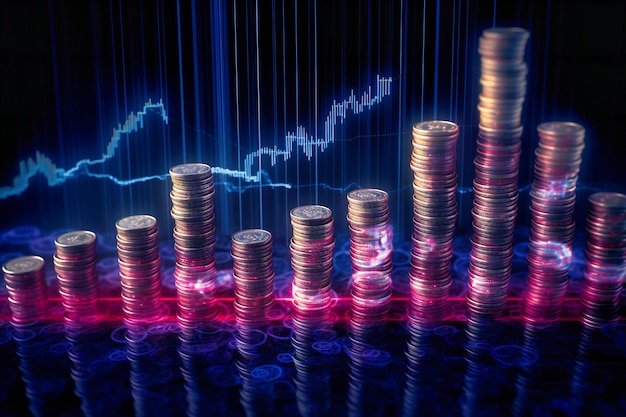 Волнение колебаний цен на акции с подробным графиком свечей, окруженным разнообразными монетами на гипнотическом закручивающемся фоне.