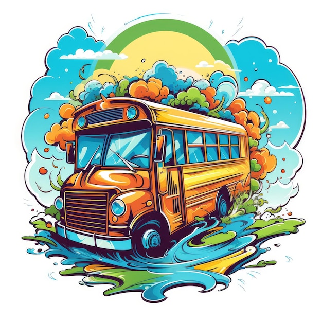 The Exciting Arrival A Vibrantly Illustrated Cartoon of a Colorful School Bus Brimming with Readin