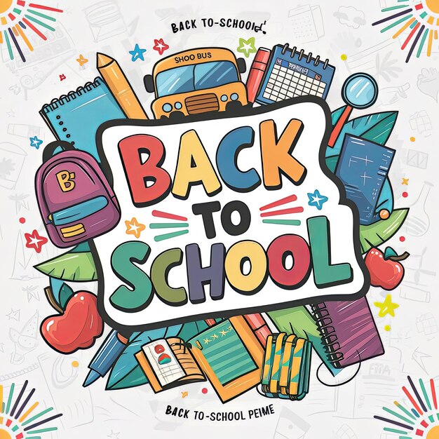 Photo exciting backtoschool poster bold text with decorative elements and school bus