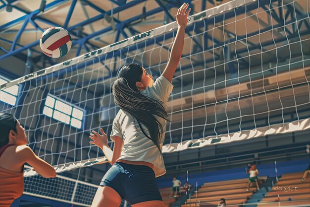 Photo exciting high school volleyball match in action