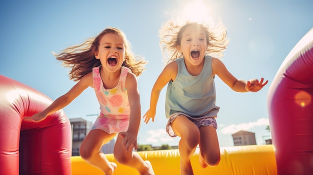 Exciting kids playing on inflatable castle bouncing