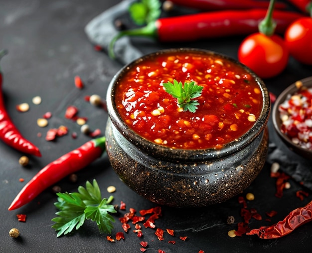 Foto texture emozionante aceto di peperoncino salsa piccante in argento scuro e rosso