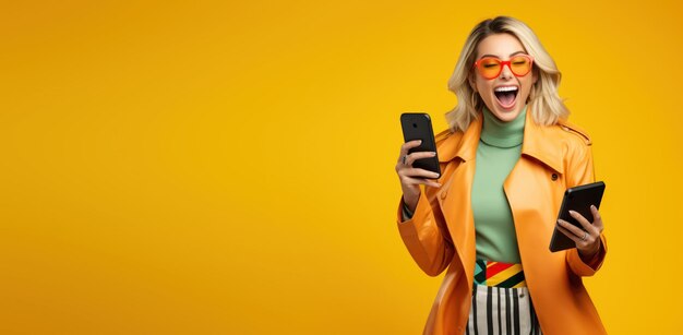 Exciting woman laughing while using smartphone