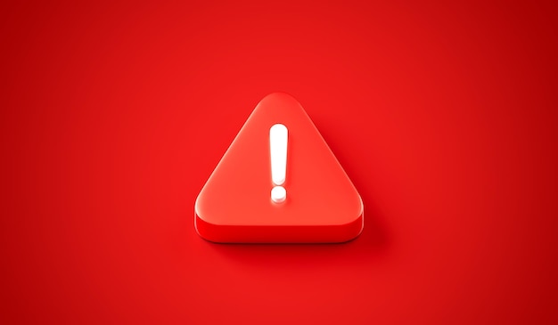 Exclamation mark 3d icon on red attention background with message button danger symbol or alert caution triangle shape sign and important notification error warning stop alarm problem security notice