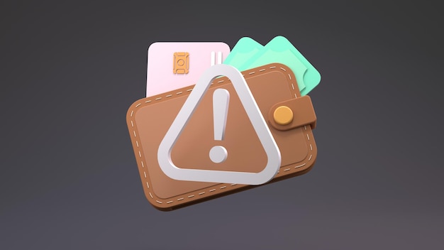 Photo exclamation mark on the background of a wallet with money. the concept of danger related to finances. 3d render.