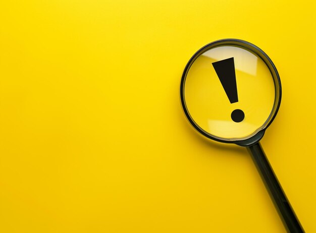 Photo exclamation mark under magnifying glass on yellow copy space