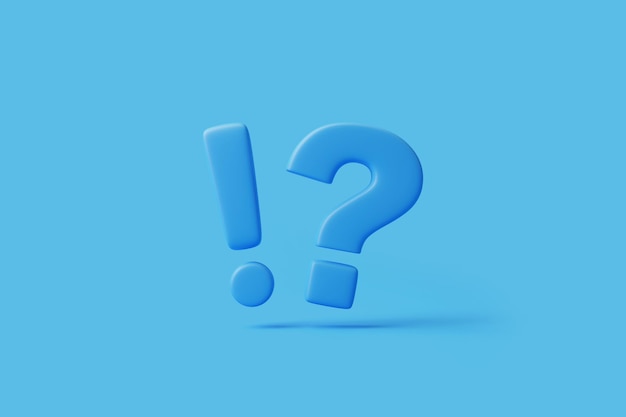 파란색 배경에 느낌표와 물음표 자주 묻는 질문(FAQ) 개념 3D 렌더링