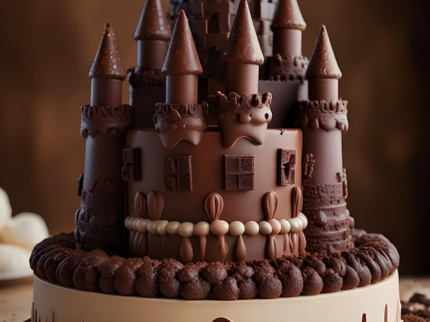 チョコレート・ケーキ・フォーム・キャッスル・ウィズ・タワーズ (Castle-With-Towers) コンセプト・オブ・プロダクト・フォー・ア・コンフェッショナリー・ショップ・デザート