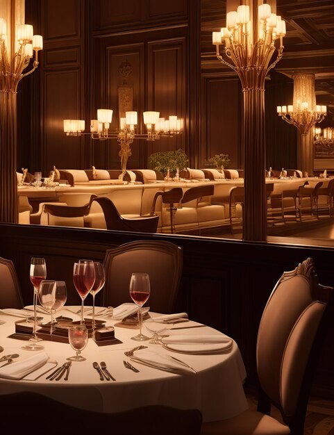 Exclusive restaurant for a dinner dim lights glasses of wine and exquisite dishes