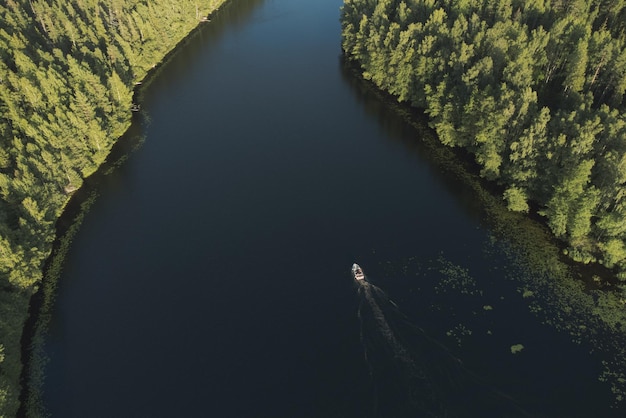 Excursion on a motor pleasure boat along the bed of a picturesque river Aerial view Water tourism