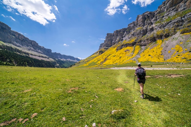 Excussionist woman in the stands of Soaso in Ordesa and Monte Perdido National park Aragon Huesca Spain