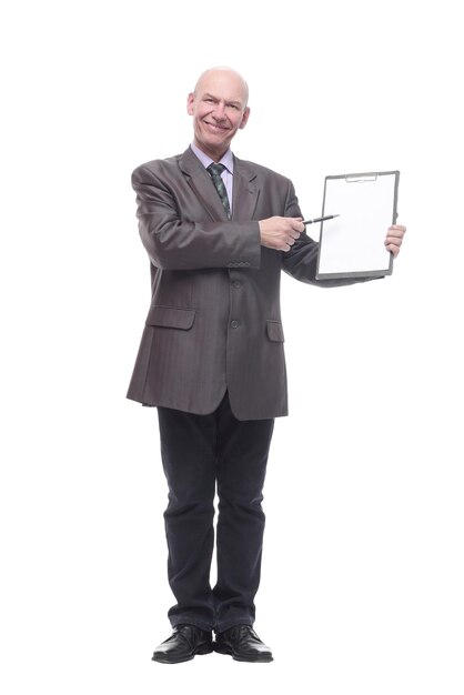 Executive business man with clipboard isolated on a white