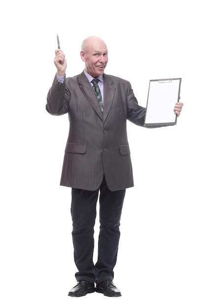 Executive business man with clipboard isolated on a white