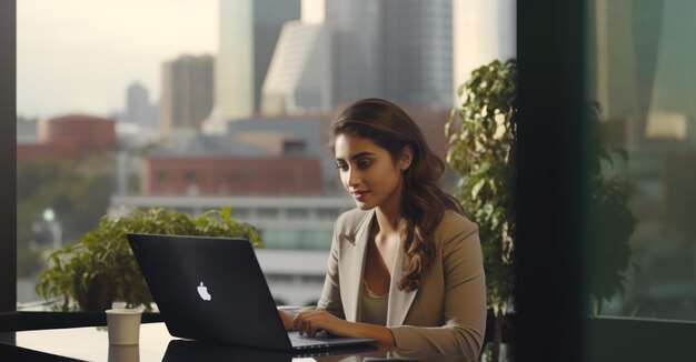 An executive in her corner office city skyline behind deliberates a critical business decision