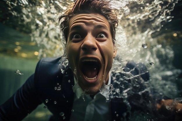 an executive man shouting underwater