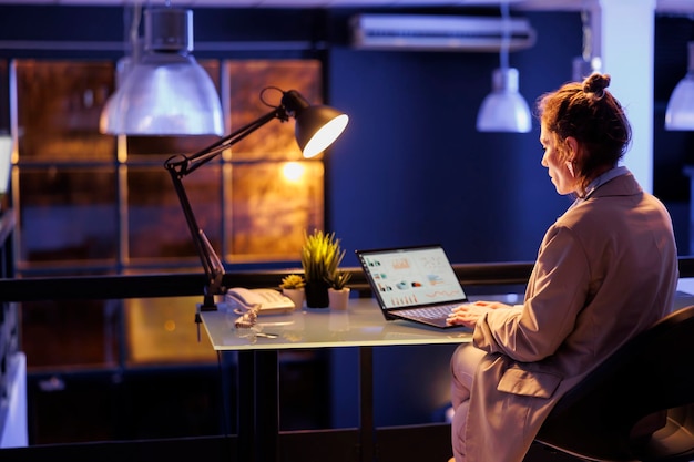 Executive manager analyzing financial graphs on laptop computer, working overtime at company growth report in startup office. Businesswoman typing marketing statistics, planning strategy