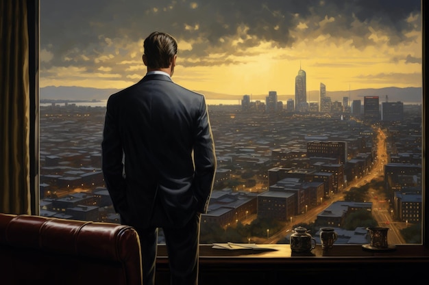 Executive overlooking city at dusk